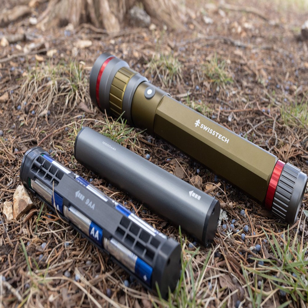 Swiss Tech 6500 Lumen LED Flashlight Rechargeable Dual Power AA/USB with Charging Bank, IP67 Waterproof, Drop Resistant