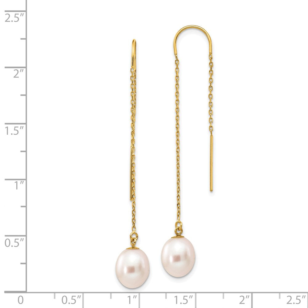 Finest Gold 14K Yellow Gold 7-8 Mm White Rice Freshwater Cultured Pearl Dangle Threader Earrings