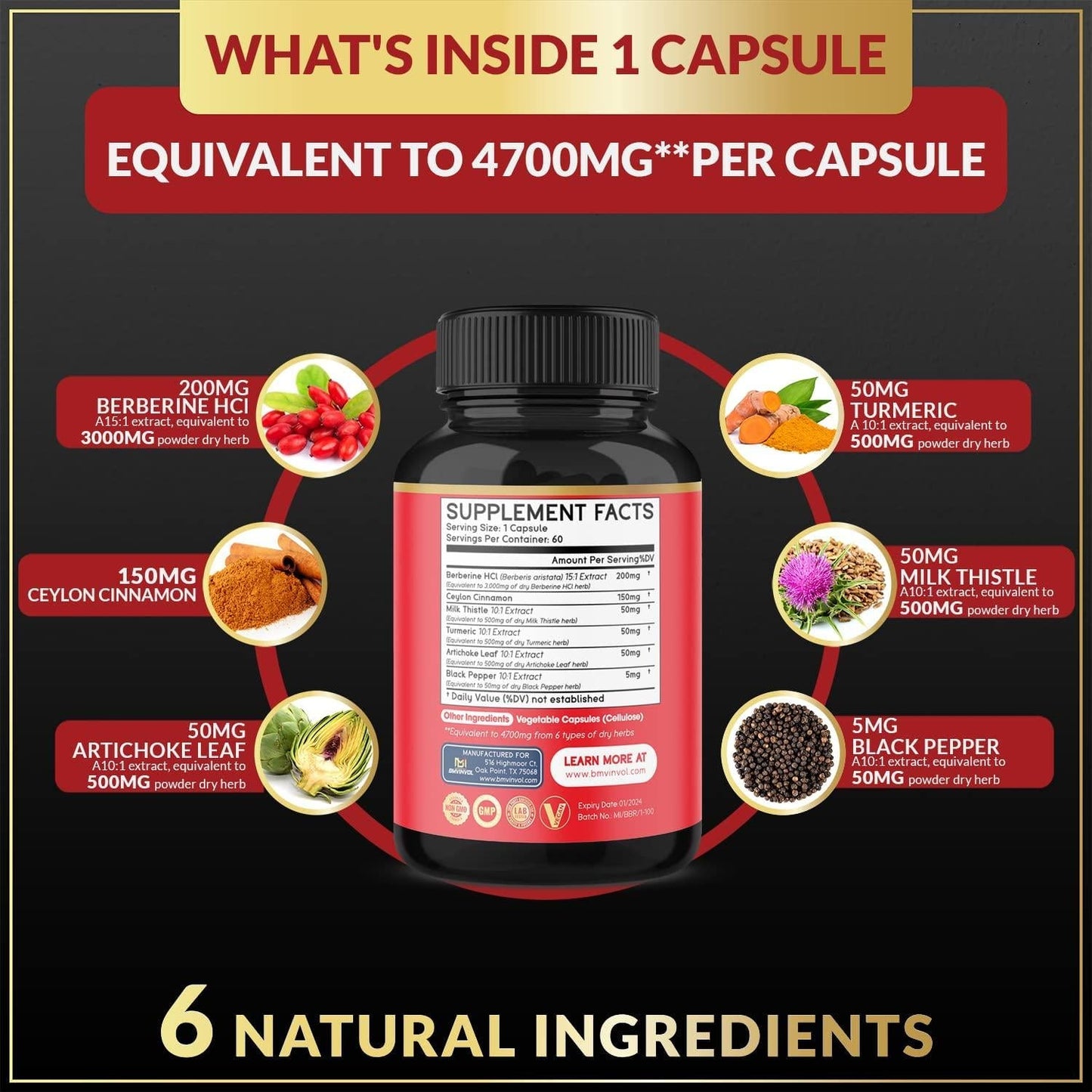 6 Pack Berberine Supplement 4700mg - High Potency with Ceylon Cinnamon, Turmeric Curcumin - Supports Glucose Metabolism, Immune Function - Berberine HCl Supplement Pills - 12 Month Supply