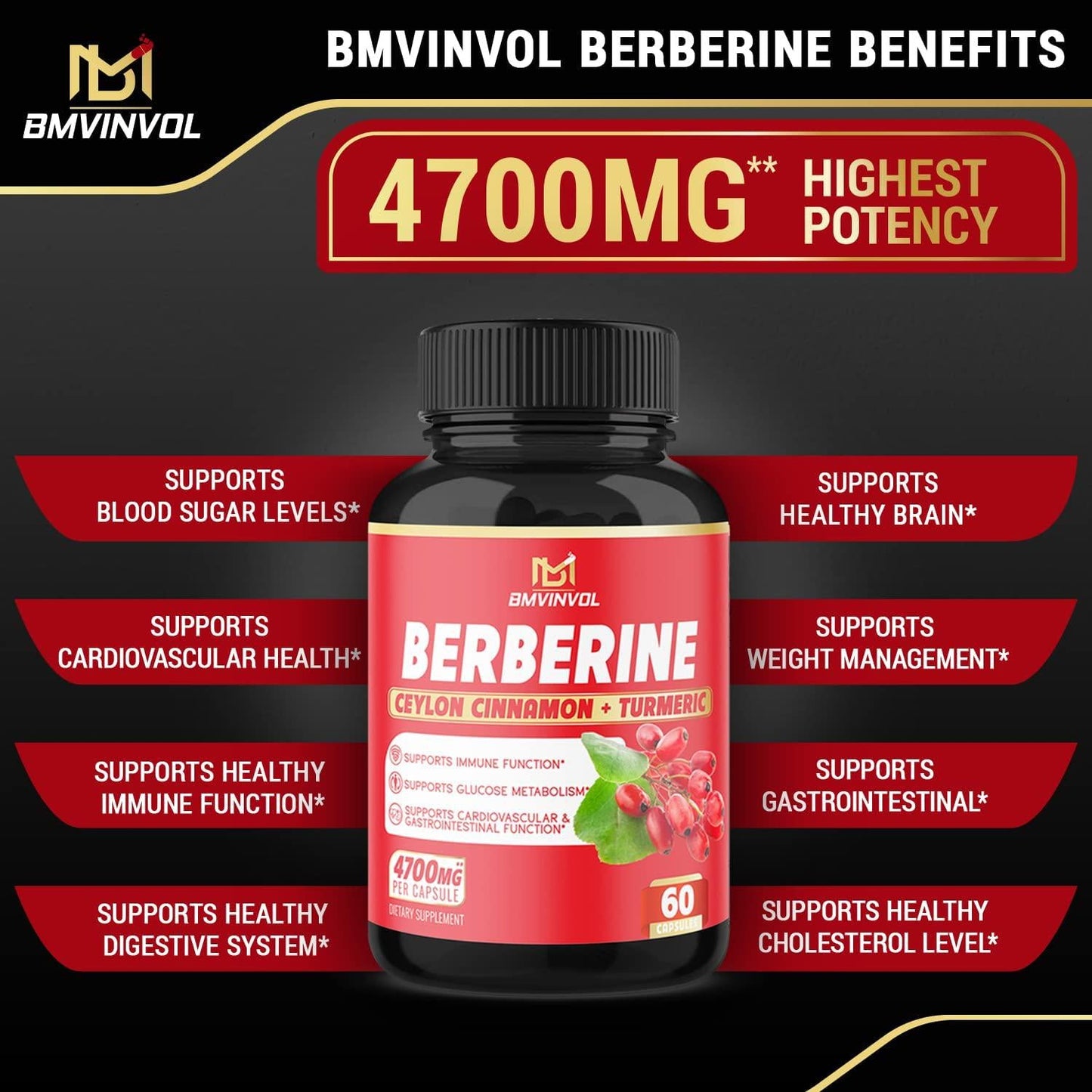 6 Pack Berberine Supplement 4700mg - High Potency with Ceylon Cinnamon, Turmeric Curcumin - Supports Glucose Metabolism, Immune Function - Berberine HCl Supplement Pills - 12 Month Supply