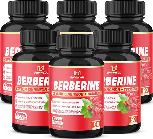 6 Pack Berberine Supplement 4700mg - High Potency with Ceylon Cinnamon, Turmeric Curcumin - Supports Glucose Metabolism, Immune Function - Berberine HCl Supplement Pills - 12 Month Supply