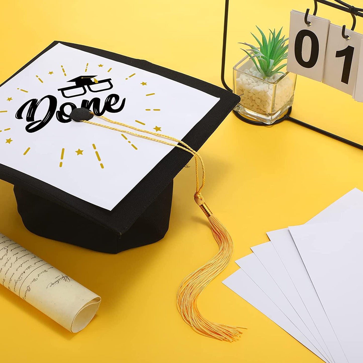 6 Pieces Blank White Adhesive Grad Hat Topper Sticker Graduation Cap with Gold Tassel Easy to Use Graduation Cap Decorations Printable with Inkjet or Laser Printers for Graduation Party Supplies