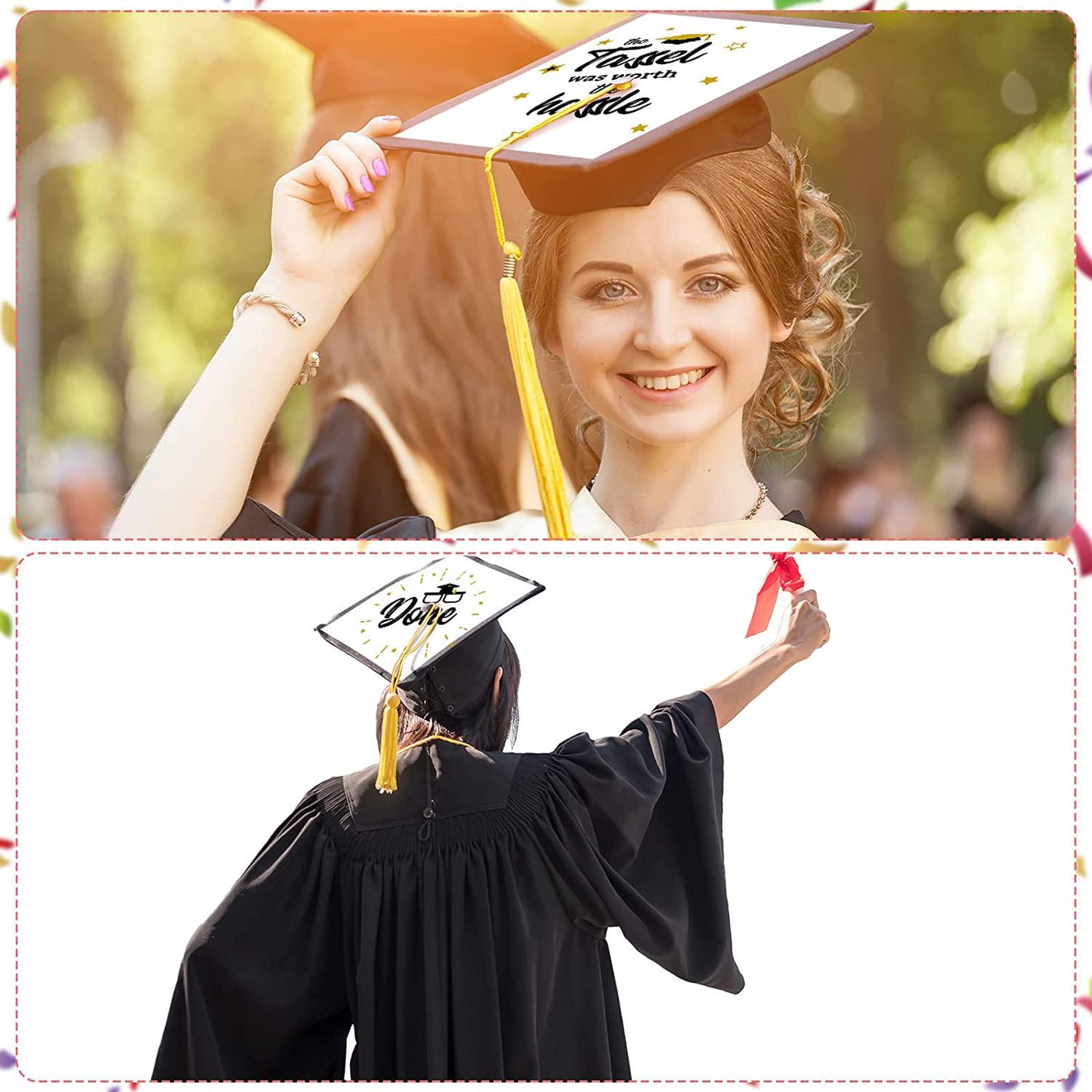 6 Pieces Blank White Adhesive Grad Hat Topper Sticker Graduation Cap with Gold Tassel Easy to Use Graduation Cap Decorations Printable with Inkjet or Laser Printers for Graduation Party Supplies