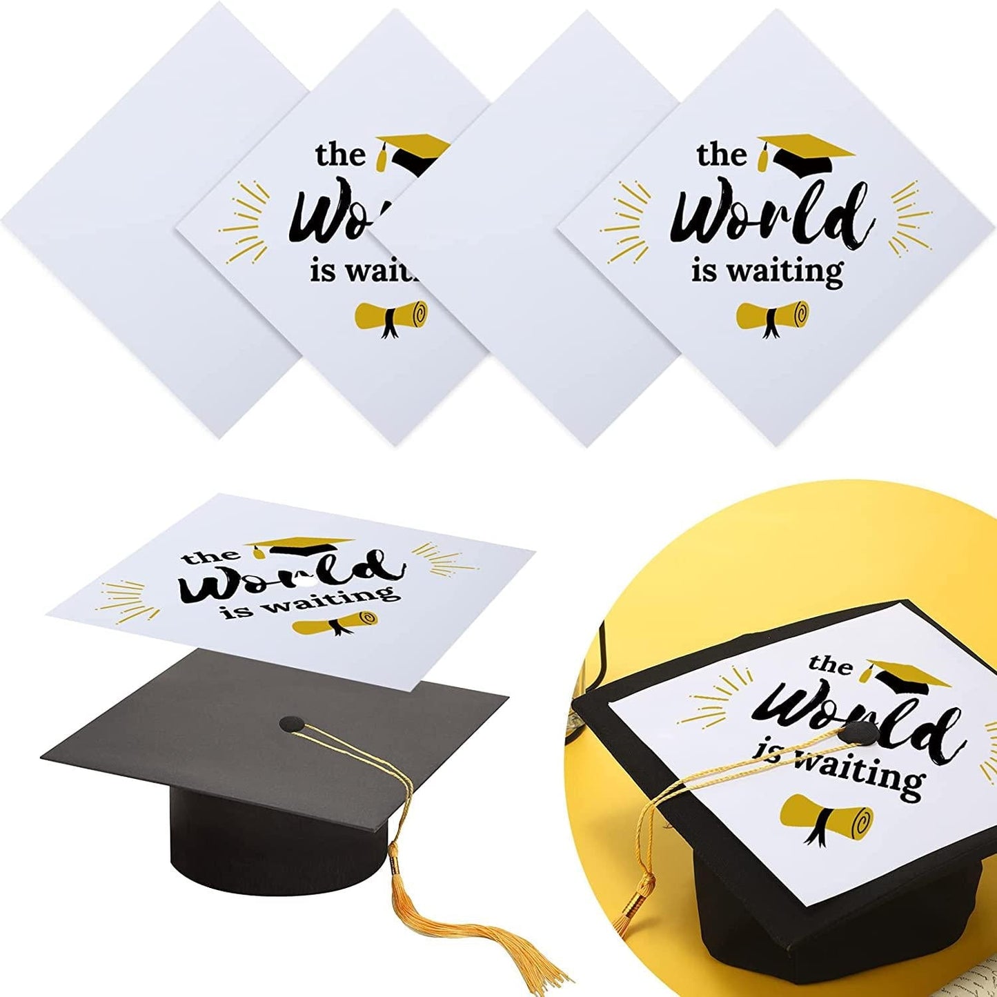 6 Pieces Blank White Adhesive Grad Hat Topper Sticker Graduation Cap with Gold Tassel Easy to Use Graduation Cap Decorations Printable with Inkjet or Laser Printers for Graduation Party Supplies