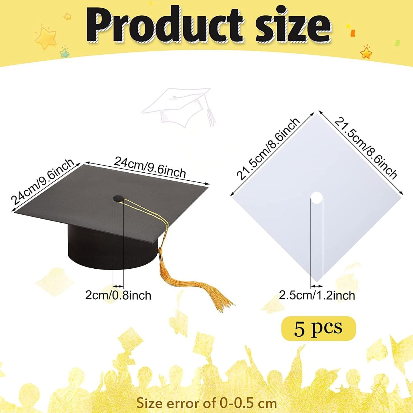 6 Pieces Blank White Adhesive Grad Hat Topper Sticker Graduation Cap with Gold Tassel Easy to Use Graduation Cap Decorations Printable with Inkjet or Laser Printers for Graduation Party Supplies