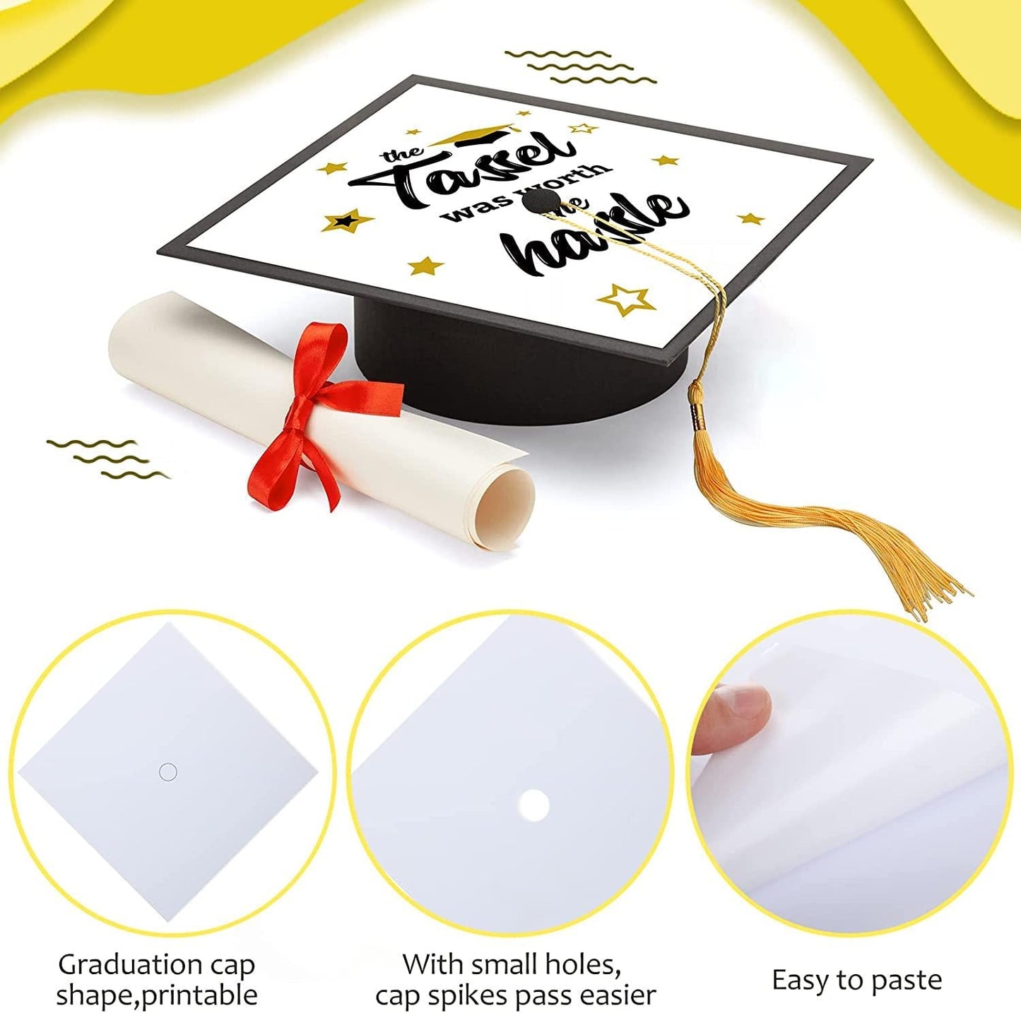 6 Pieces Blank White Adhesive Grad Hat Topper Sticker Graduation Cap with Gold Tassel Easy to Use Graduation Cap Decorations Printable with Inkjet or Laser Printers for Graduation Party Supplies