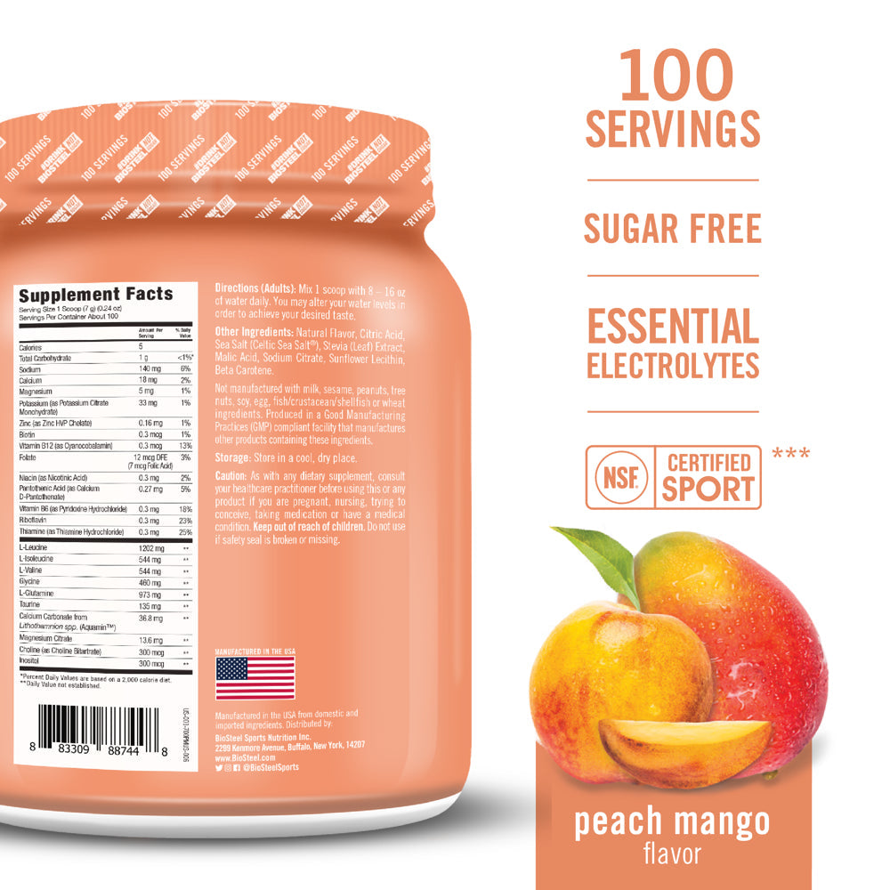 Biosteel Zero Sugar Hydration Mix, Great Tasting Hydration with 5 Essential Electrolytes, Peach Mango, 100 Servings