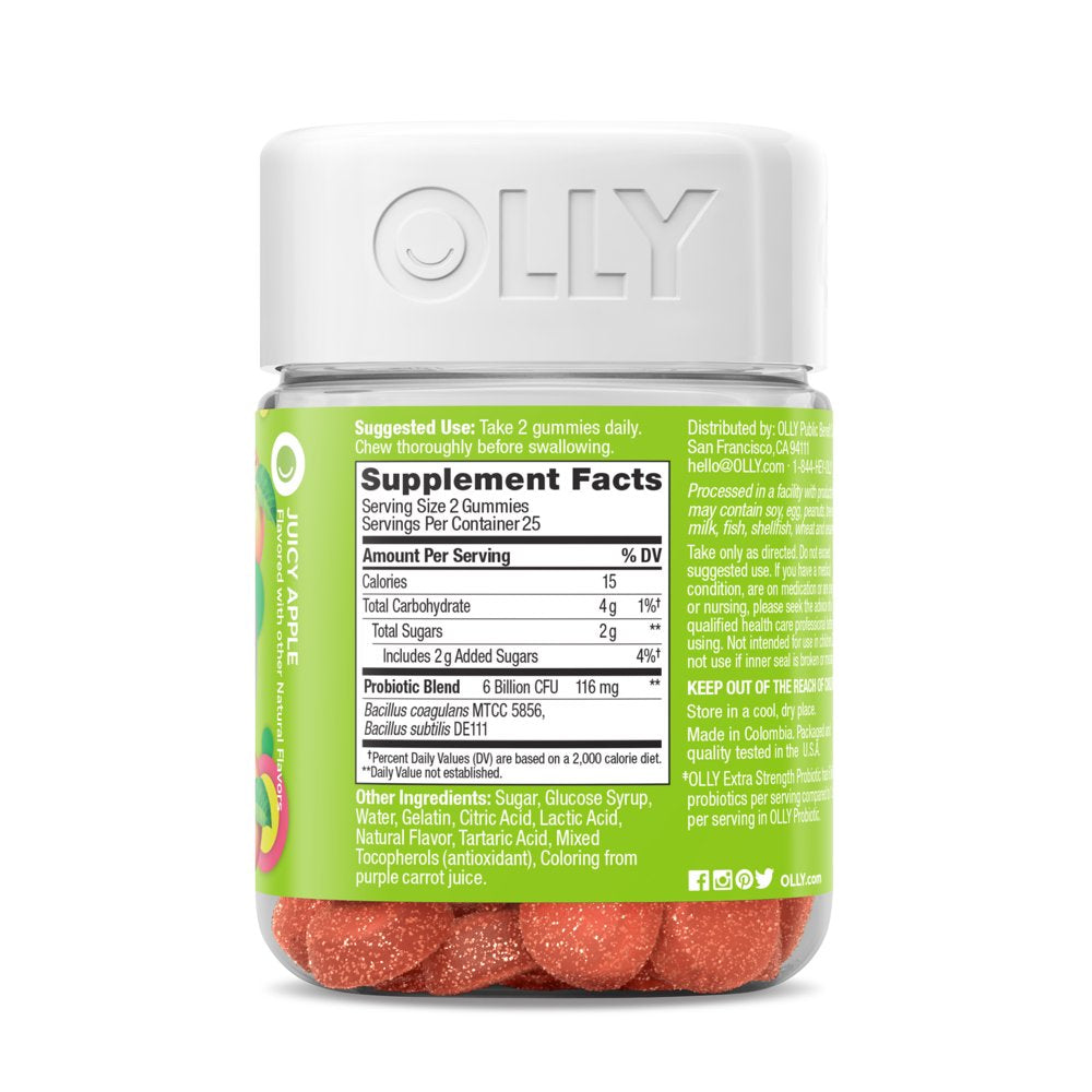 OLLY Extra Strength Probiotic Gummy, 6 Billion Cfus, 2 Strains, Supplement, Apple, 50 Ct