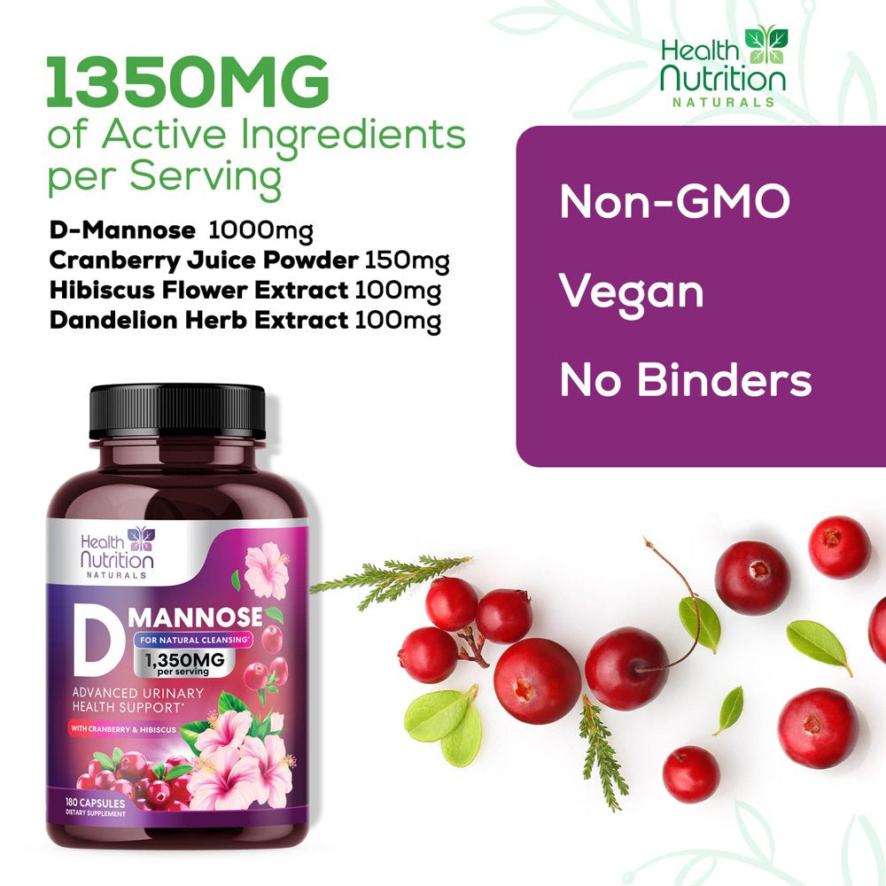 D-Mannose with Cranberry Extract 1350 Mg Complex - Fast-Acting Urinary Tract Health Support, Natural Non-Gmo & Vegan Capsules, Flush Impurities, Extra Strength Dmannose for Women & Men - 180 Capsules