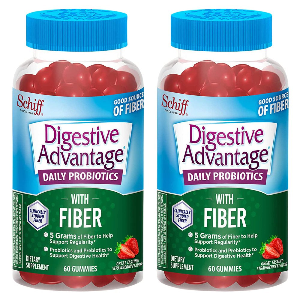 Digestive Advantage Daily Probiotic + Prebiotic Fiber, for Digestive & Immune Health, Strawberry Flavor - 60 Gummies (Pack of 2)