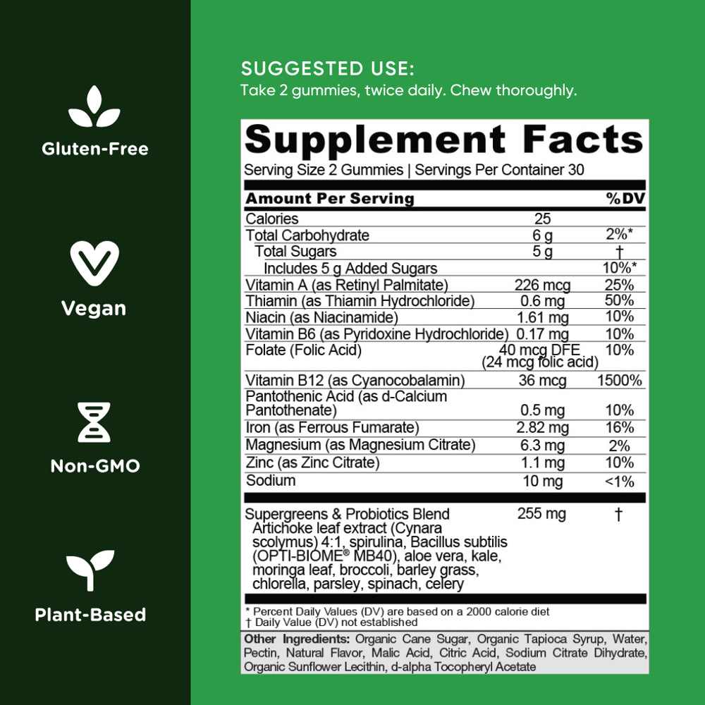 Goli Nutrition Supergreens Gummies, Super Green and Probiotic Blend Dietary Supplement, 60 Count