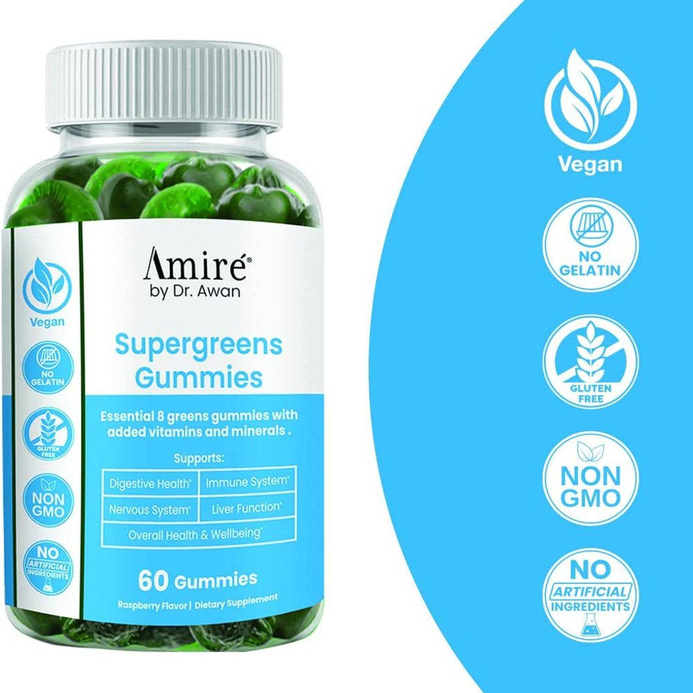 Amire by Dr. Awan Super Greens Gummies, Fruits & Veggies Supplement, Green Superfood for Immunity, Metabolism, Liver Function & Nervous System, Essential 8 Greens, 240Ct, 4-Months Supply
