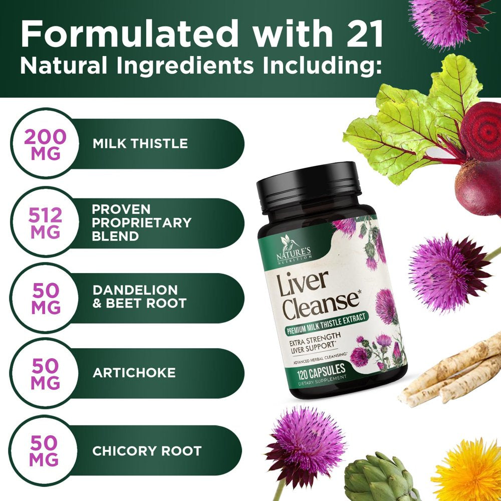 Gentle Liver Cleanse Detox & Repair Formula - Herbal Liver Support Supplement: Milk Thistle with Silymarin, Artichoke Extract, Dandelion, Beet, Chicory Root, & Turmeric for Liver Health - 120 Capsules