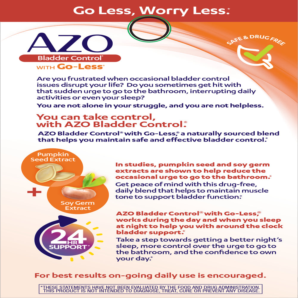 AZO Bladder Control with Go-Less Daily Supplement, Helps Reduce Occasional Urgency* and Leakage†††, 54 Count Capsules
