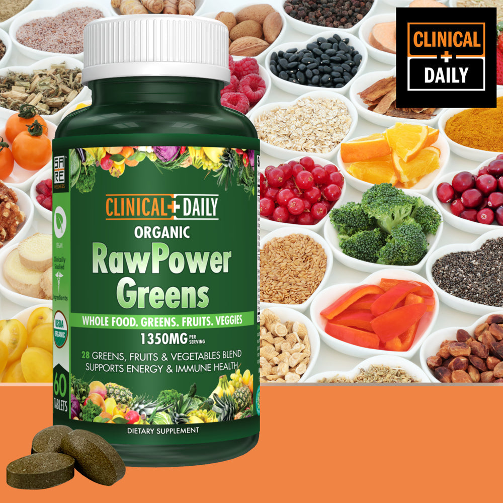 CLINICAL DAILY Raw Power Greens Organic USDA Tablets - Start Dissolving Fast for Absorption. Your Super Greens Powder Organic Superfood in Convenient Fruits and Veggies Supplement Pills. Vegan 60 Ct