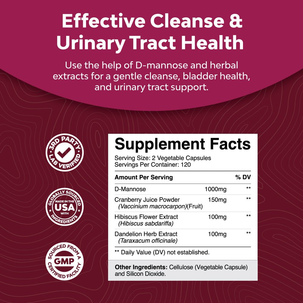 D Mannose with Cranberry Extract Capsules - D Mannose Capsules for Kidney Cleanse Liver Support and Urinary Tract Health for Women - D-Mannose with Cranberry Powder and Dandelion Extract- 240 Capsules