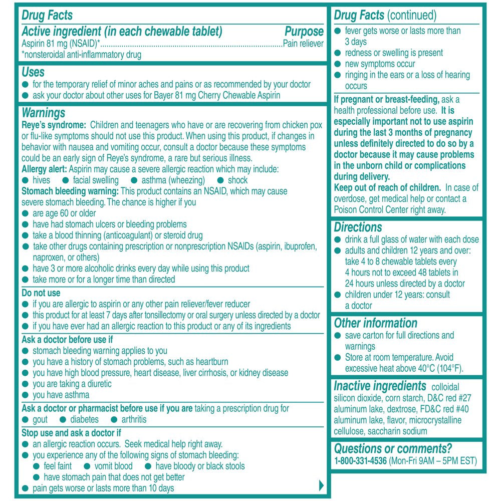 Bayer Chewable Aspirin Regimen Low Dose Pain Reliever Tablets, 81Mg, Cherry, 108 Count