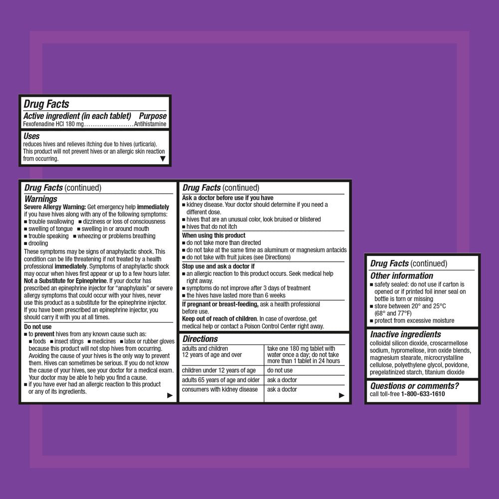 Allegra Adult Hives 24 Hour Non-Drowsy Antihistamine Allergy Relief Medicine 180Mg Tablets 30Ct