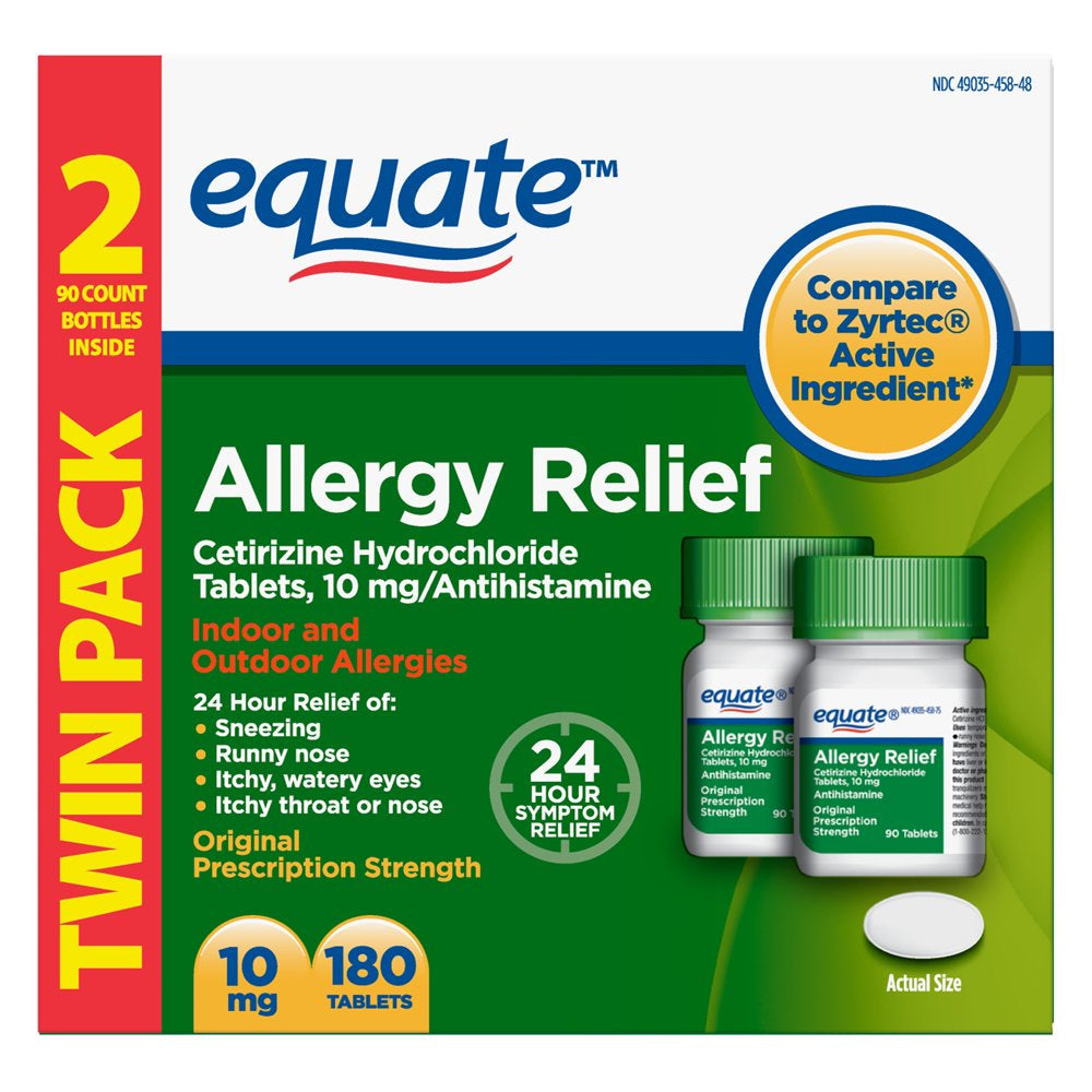 Equate Allergy Relief, Cetirizine Hydrochloride Tablets, 10 Mg, 90 Count, 2 Pack