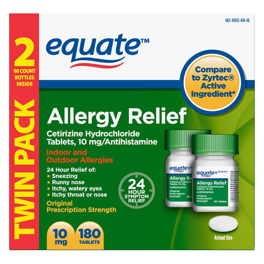 Equate Allergy Relief, Cetirizine Hydrochloride Tablets, 10 Mg, 90 Count, 2 Pack