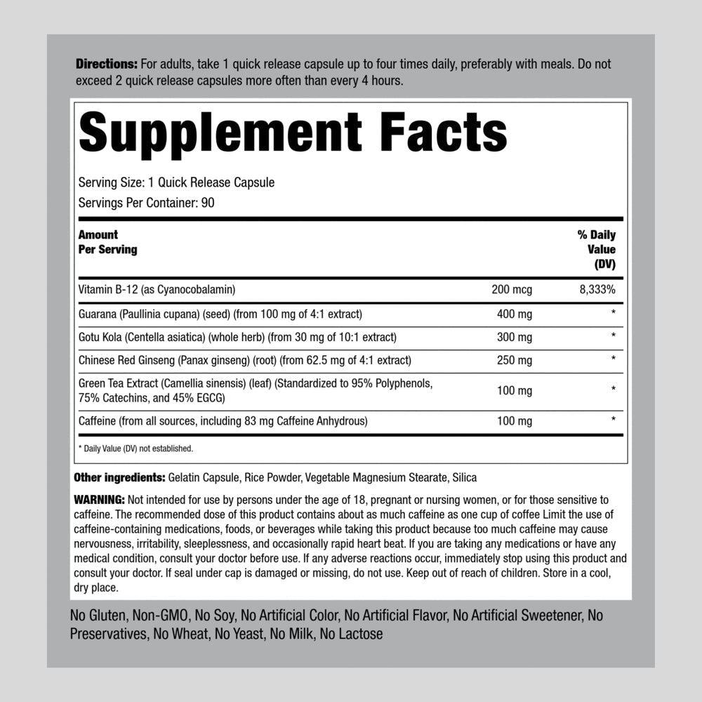 Energy Booster Supplement | 90 Capsules | with Caffeine | by Piping Rock