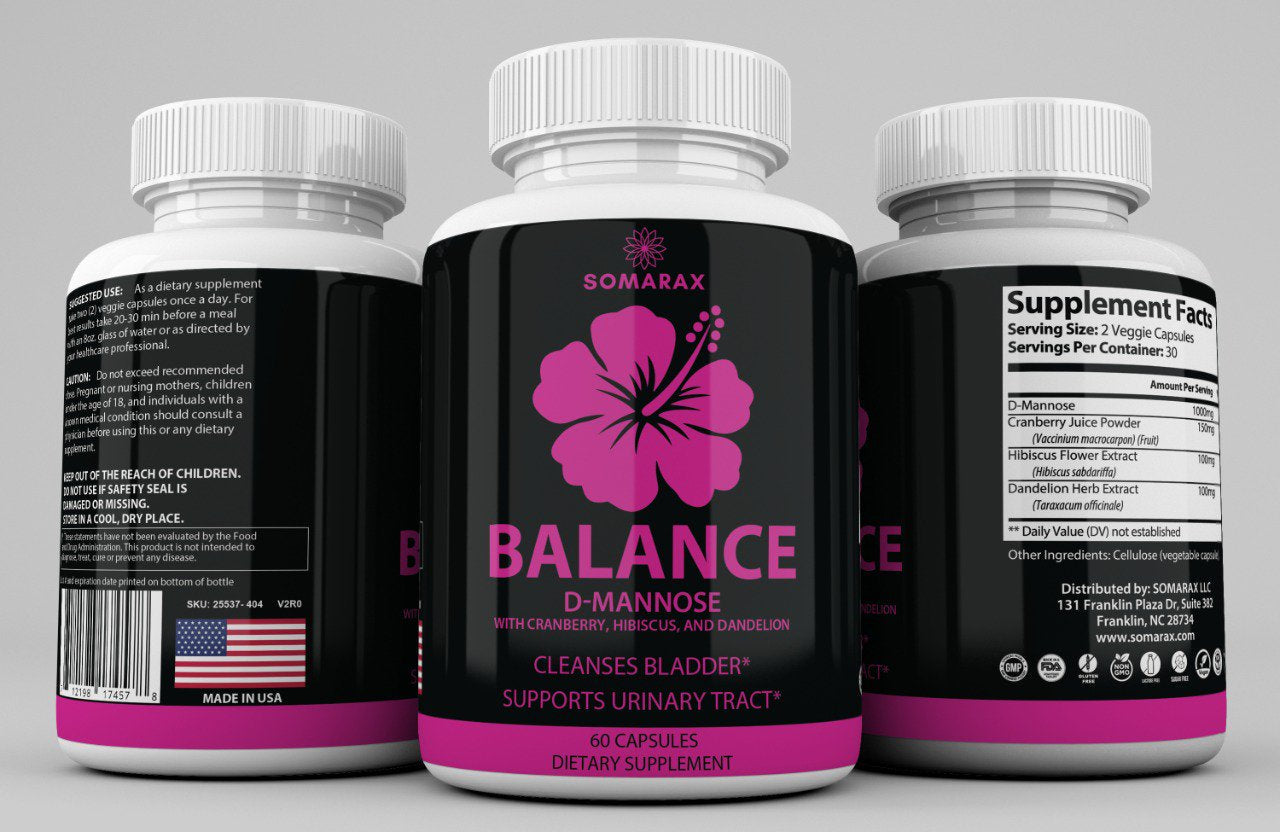 Balance – D-Mannose Urinary Tract Supplement UTI Cleanse & Bladder Health, Fast-Acting Detoxifying Strength, Flush Impurities, Clear System with Hibiscus and Cranberry Pills 60 Capsules by Somarax