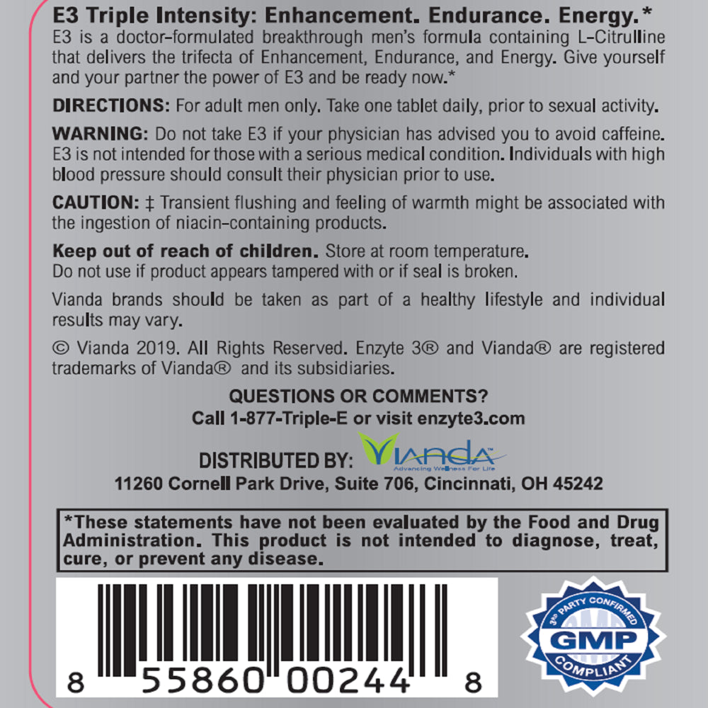 Enzyte3 Male Enhancement Supplement for Energy & Endurance - L-Citrulline, Epimedium, Guarana Seed, Horny Goat Weed, Niacin, Vitamins B6 & B12, Folate - 30 Day Supply