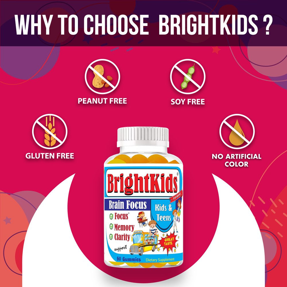 Brightkids Brain Focus Supplement for Kids, Focus for Kids, Brain Focus Gummies for Children, Memory Supplements Lemon & Orange Flavored 60 Gummies
