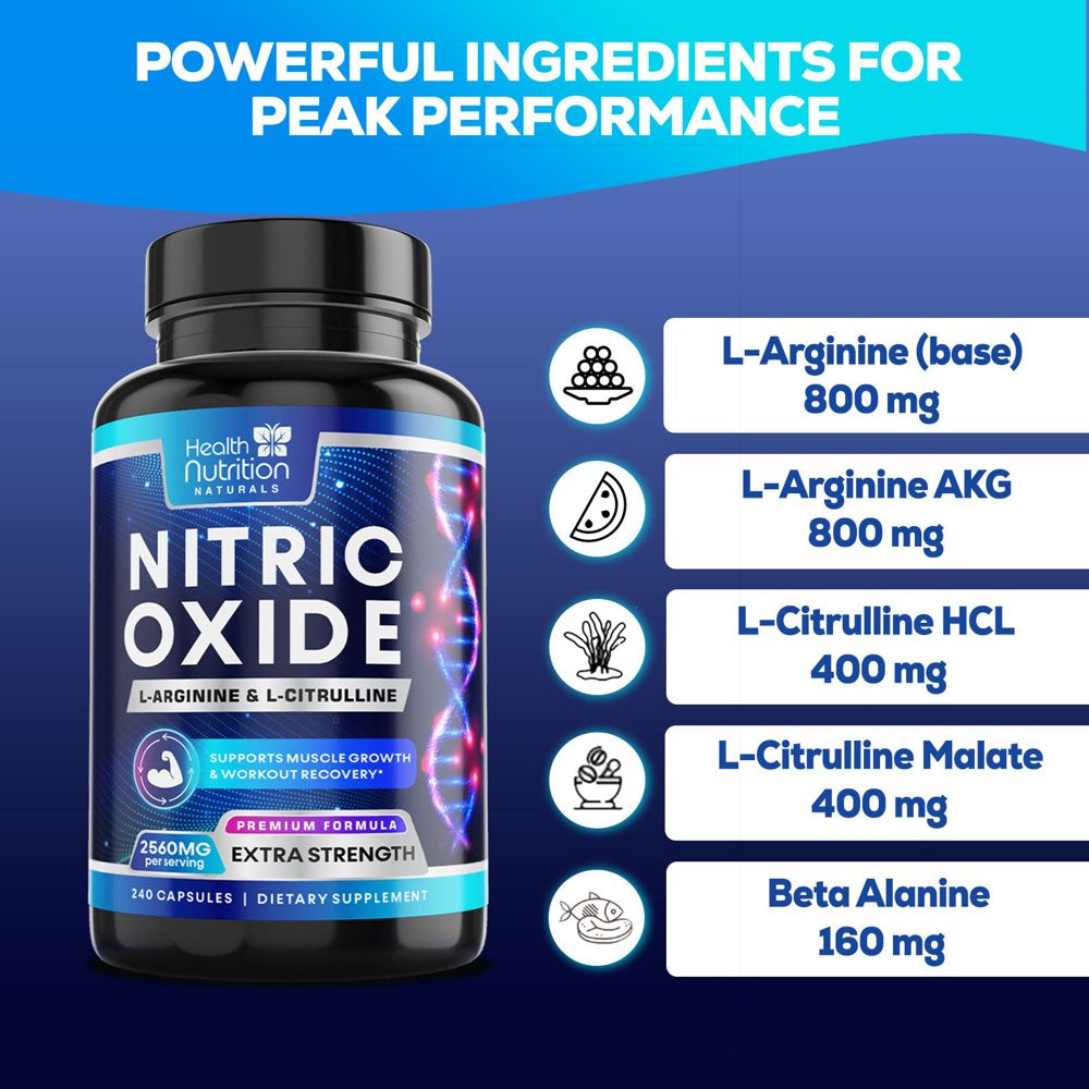 Extra Strength Nitric Oxide Supplement L Arginine 3X Strength - Citrulline Malate, AAKG, Beta Alanine - Premium Muscle Supporting Nitric Booster for Energy & Strength to Train Harder - 240 Capsules