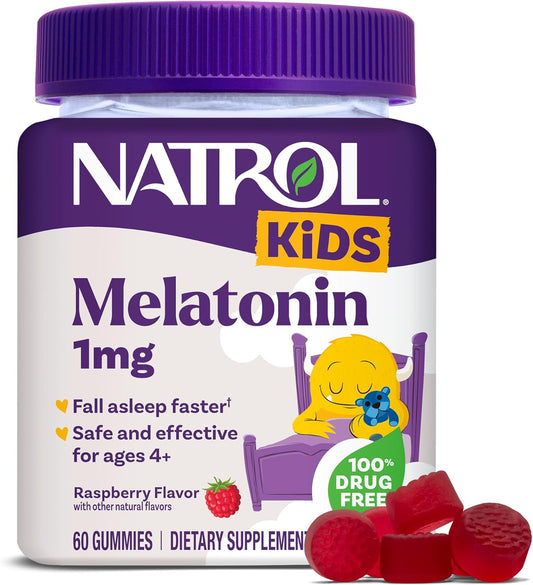 Natrol Kids Melatonin Sleep Aid Gummies, Ages 4 and Up, Drug-Free, Raspberry, 1Mg, 60 Count