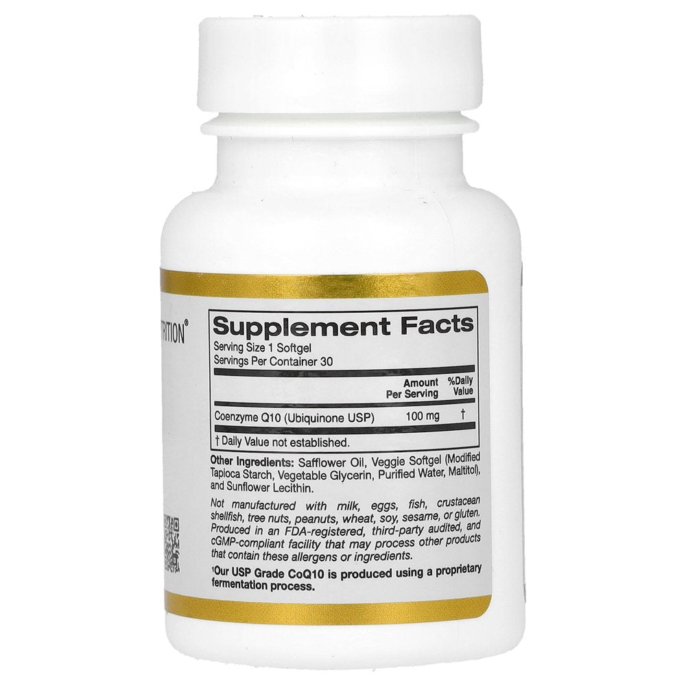 Coq10 100 Mg, Coenzyme Q10 Ubiquinone USP, Supports Mitochondrial Function*, 30 Veggie Softgels