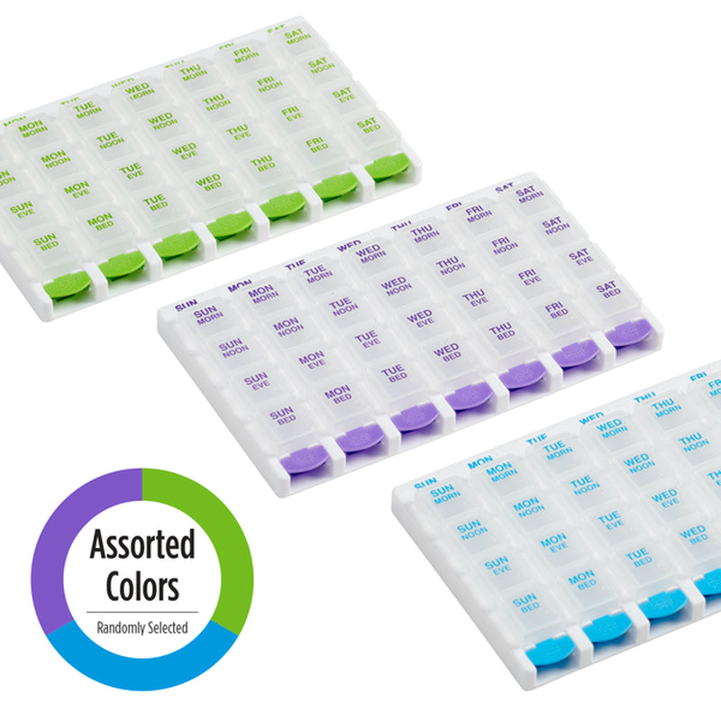 Ezy Dose Weekly (7-Day) Pill Organizer, 4 Times a Day, Push Button, Pop-Out Travel Compartments