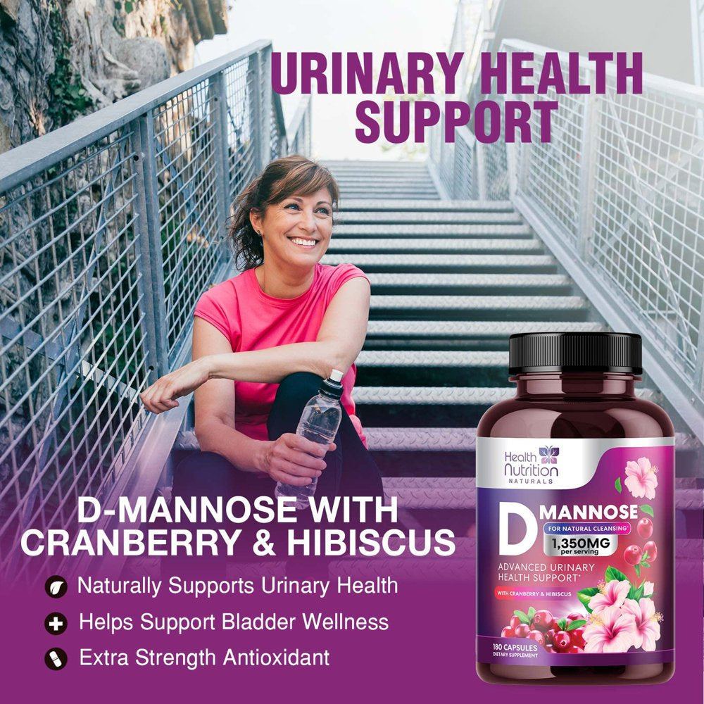 D-Mannose with Cranberry Extract 1350 Mg Complex - Fast-Acting Urinary Tract Health Support, Natural Non-Gmo & Vegan Capsules, Flush Impurities, Extra Strength Dmannose for Women & Men - 180 Capsules
