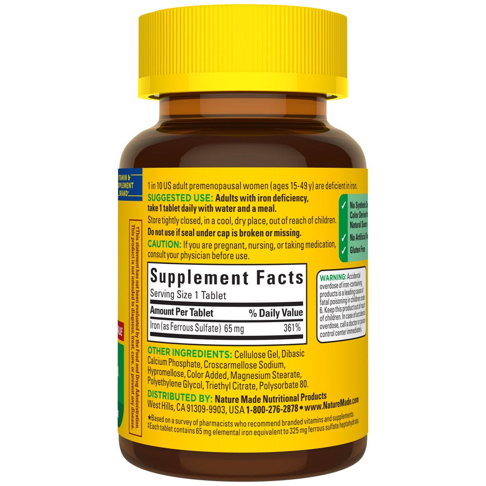 Nature Made Iron 65 Mg (325 Mg Ferrous Sulfate) Tablets, Dietary Supplement, 190 Count