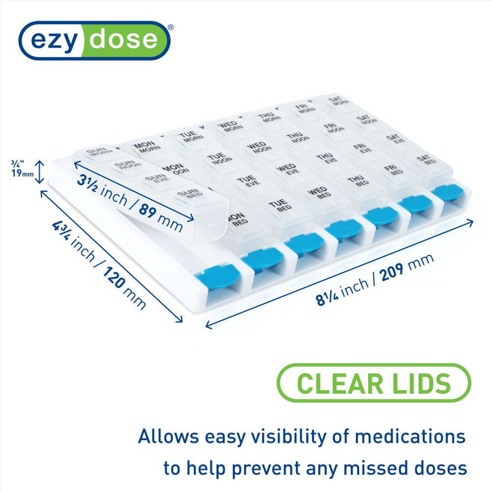 Ezy Dose Weekly (7-Day) Pill Organizer, 4 Times a Day, Push Button, Pop-Out Travel Compartments