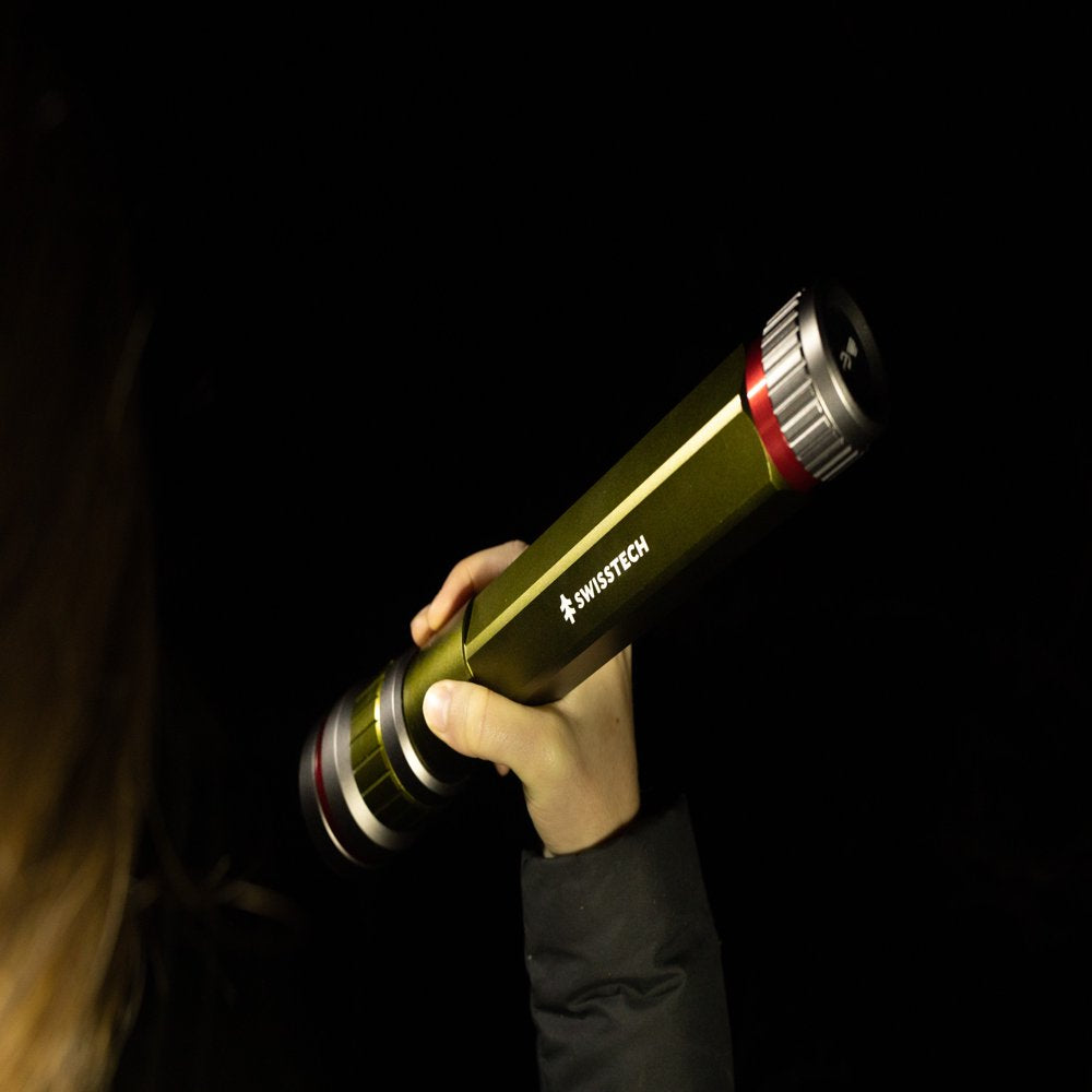 Swiss Tech 6500 Lumen LED Flashlight Rechargeable Dual Power AA/USB with Charging Bank, IP67 Waterproof, Drop Resistant
