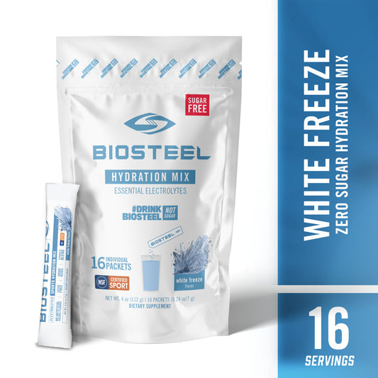 Biosteel Zero Sugar Hydration Mix, Great Tasting Hydration with 5 Essential Electrolytes, White Freeze Flavor, 16 Single Serving Packets