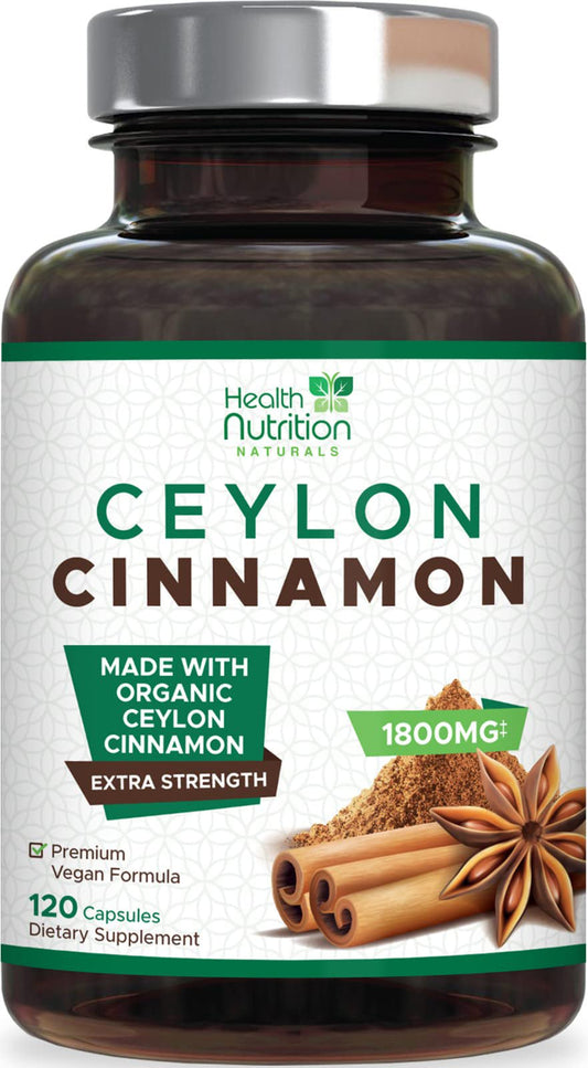Ceylon Cinnamon Capsules, Certified Organic Ceylon Cinnamon Pills 1800 Mg per Serving, Non-Gmo, Gluten-Free Sri Lanka Pure Cinnamon Pills Supplement, Sugar Free, Vegan - 120 Count Vegetarian Capsules