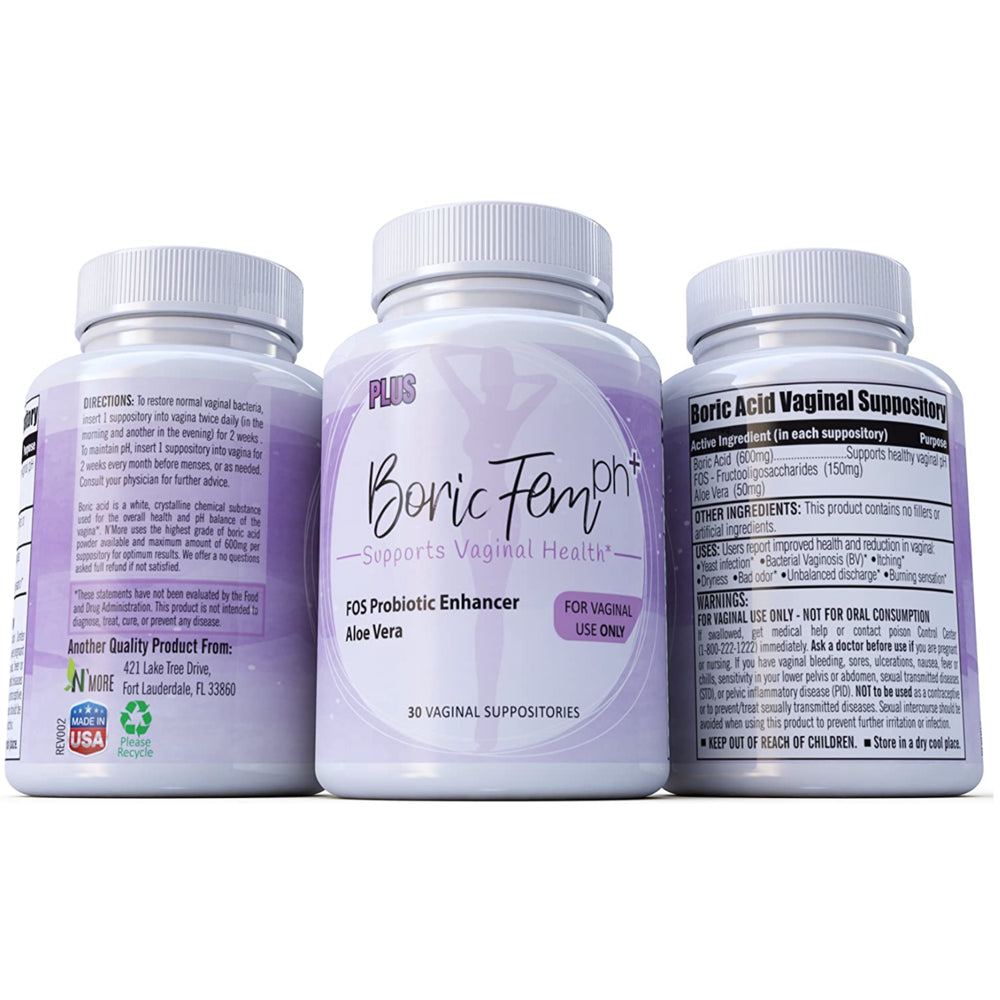 Boric Acid Vaginal Suppositories plus Aloe Vera & FOS Probiotic Enhancer 800Mg/, 30 Count All Natural Made in USA