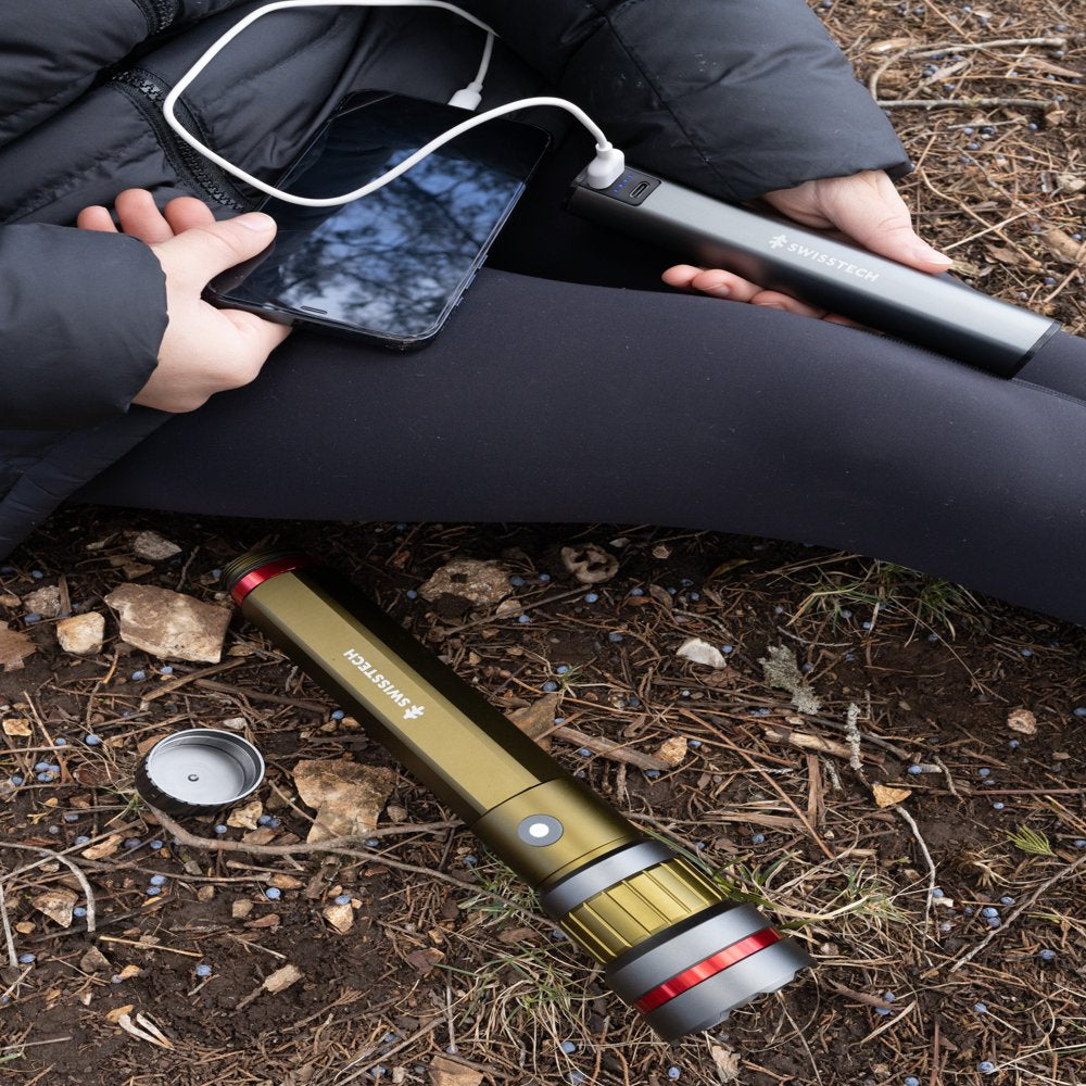 Swiss Tech 6500 Lumen LED Flashlight Rechargeable Dual Power AA/USB with Charging Bank, IP67 Waterproof, Drop Resistant