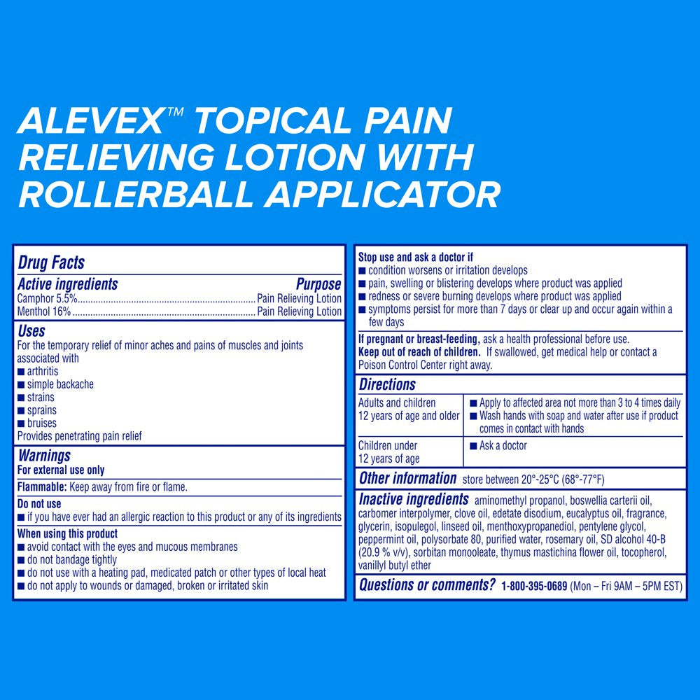 Alevex Pain Relieving Lotion with Rollerball Applicator, Topical Pain Reliever, 2.5Oz