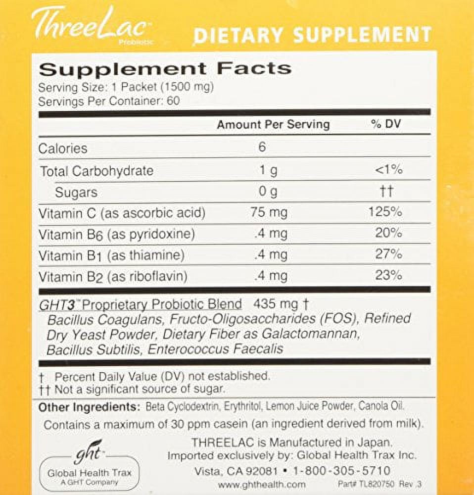 Global Health Trax Threelac Probiotic Lemon - 2 Boxes (60 Packets Each). Great Lemon-Flavored Dietary Supplement