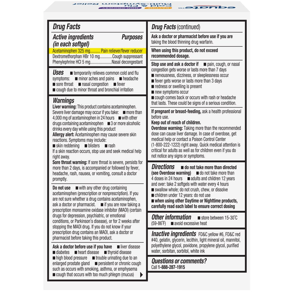 Equate Cold and Flu Multi-Symptom Relief Fever Reducer Throat Remedies Nasal Decongestant Gels, 24 Count