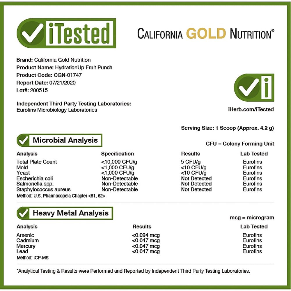 California Gold Nutrition BEVERAGES, Hydrationup, Electrolytes, Fruit Punch, 8 Oz (227 G)