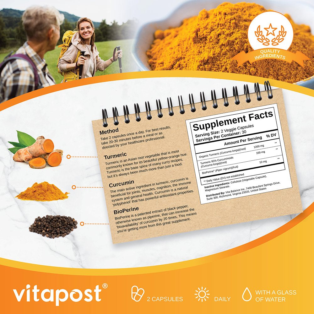Vitapost Turmeric Curcumin plus Supplement for Joint, Muscle, Immune System Support - 60 Capsules