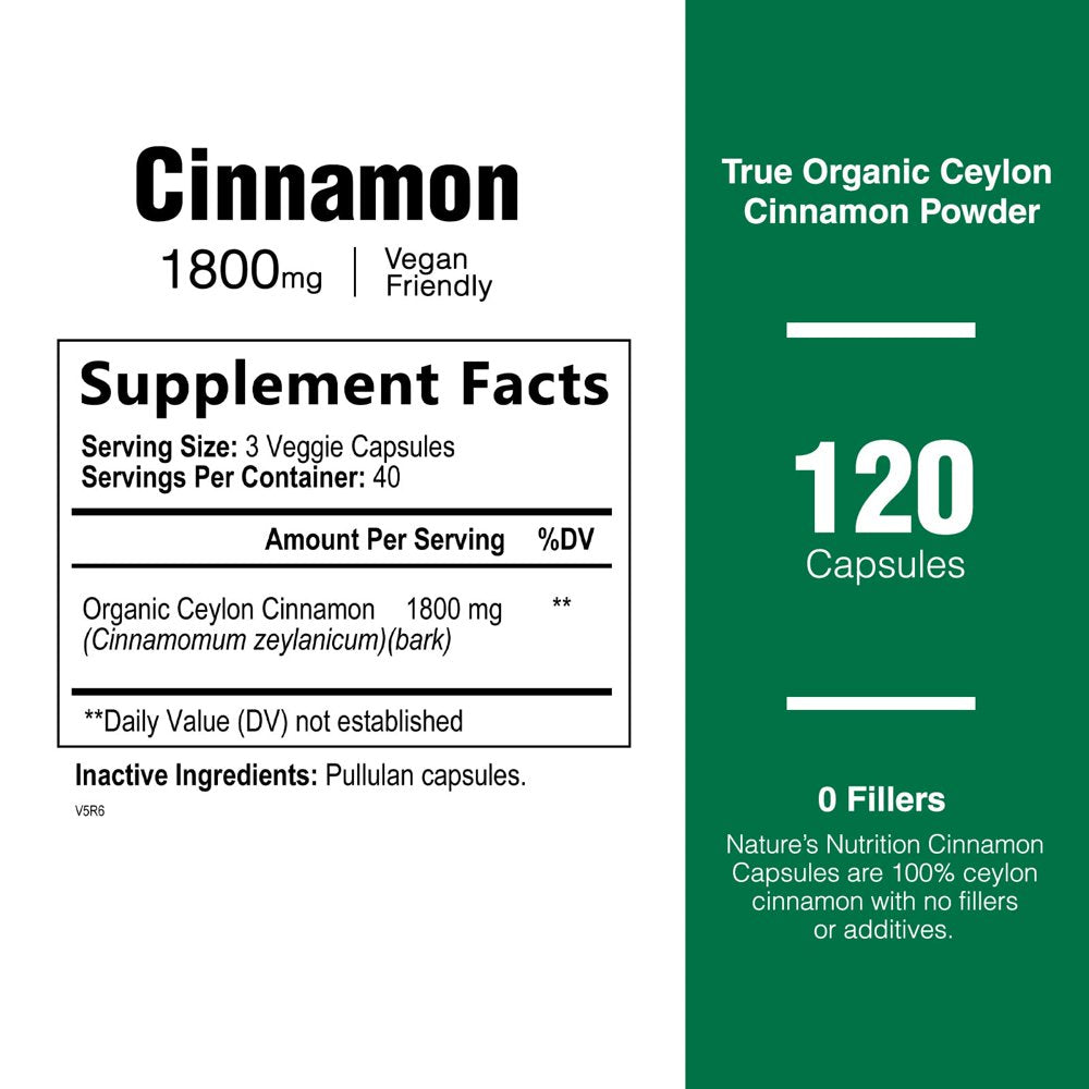 Ceylon Cinnamon Capsules, Certified Organic Ceylon Cinnamon Pills 1800 Mg per Serving, Non-Gmo, Gluten-Free Sri Lanka Pure Cinnamon Pills Supplement, Sugar Free, Vegan - 120 Count Vegetarian Capsules