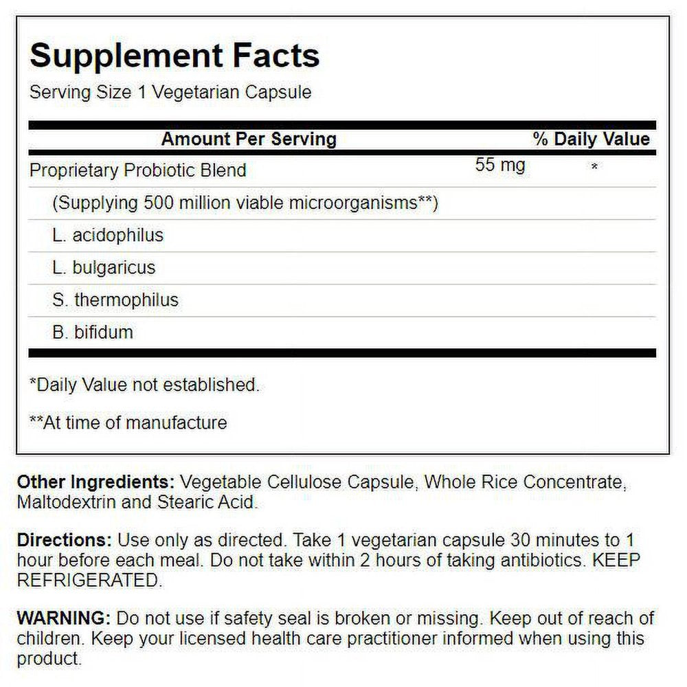 KAL Acidophilus Probiotic - 4 | for Intestinal Flora Nutritive Support | 500 Million Cfus, 4 Strains | for Men & Women | Vegetarian Capsules | 100Ct