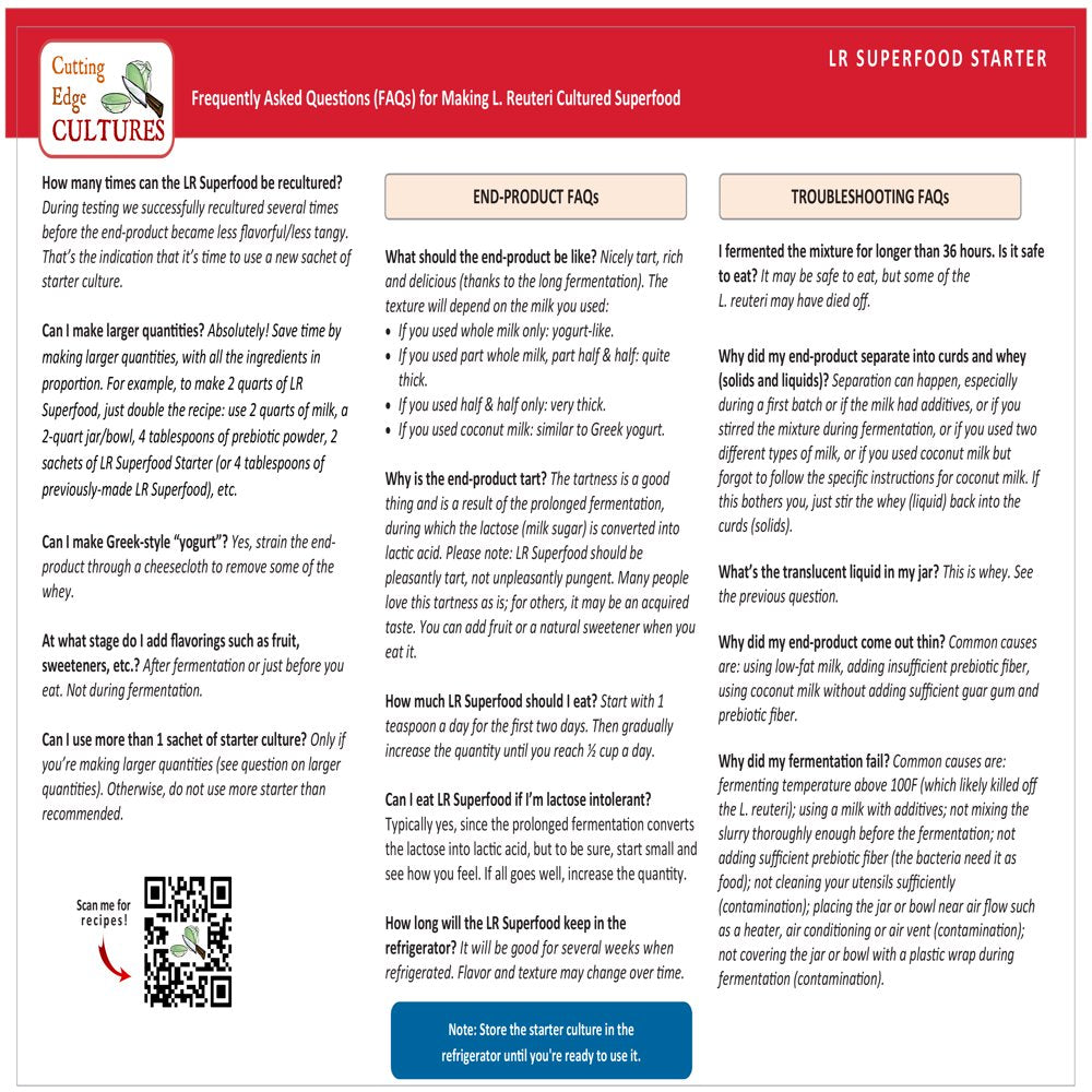 LR Superfood Starter Culture L. Reuteri Probiotic as Recommended by Dr William Davis Super Gut, MD Cultured Dairy Low and Slow Yogurt Lactobacillus
