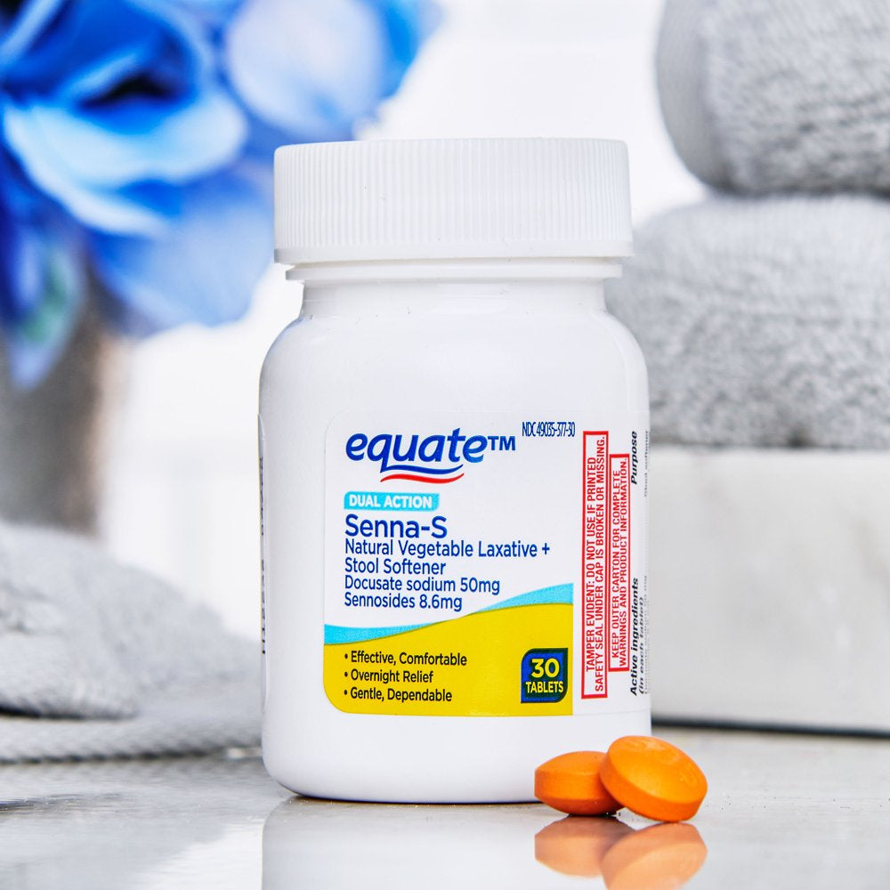 Equate Dual Action Senna-S Natural Vegetable Laxative + Stool Softener Tablets for Constipation, 30 Count