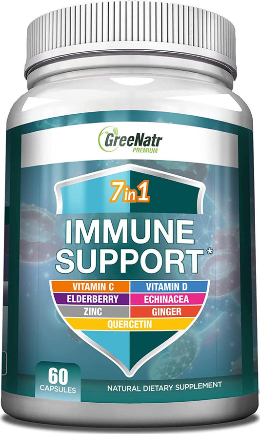 7 in 1 Immune Support Supplement with Vitamin C, Vitamin D3, Zinc 50mg, Quercetin, Echinacea Purpurea, Sambucus Elderberry and Ginger for Complete Immune Defense - Immunity Vitamins -60 Capsules